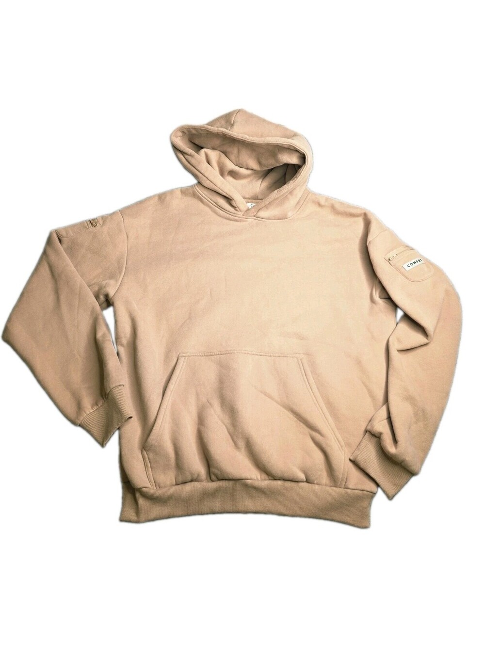 Comfrt Travel Essentials Hoodie Latte Beige Size L Large EUC Sleeve Pocket Heavy